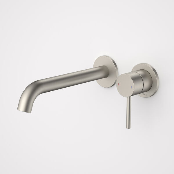 Caroma Liano II 210mm Wall Basin / Bath Mixer with 2 Round Cover Plates Brushed Nickel Lead Free