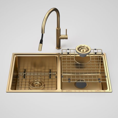 Caroma Urbane II Double Bowl Sink with Liano II Pull Out Sink Mixer - Brushed Brass