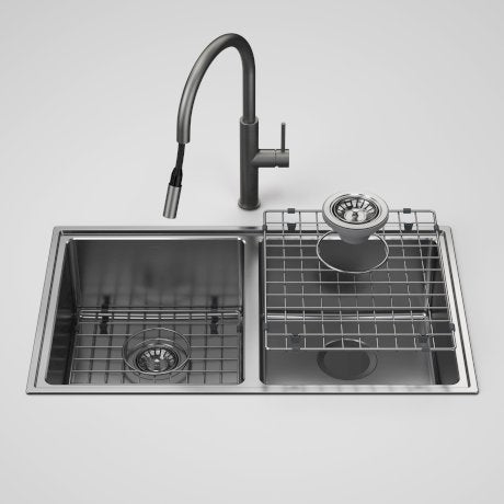 Caroma Urbane II Double Bowl Sink with Liano II Pull Out Sink Mixer - Gunmetal