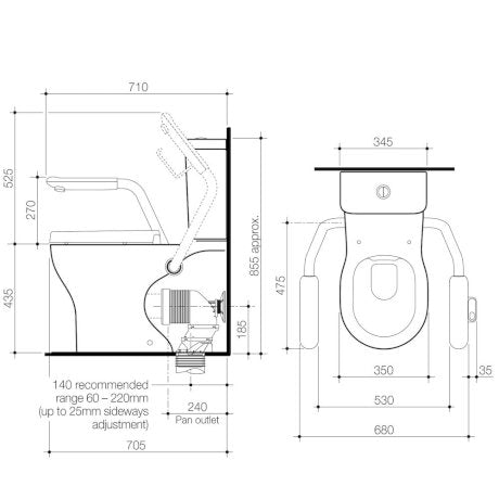 Caroma Opal Cleanflush Easy Height Wall Faced Close Coupled Suite with Armrest Mounting Kit  (No Seat)