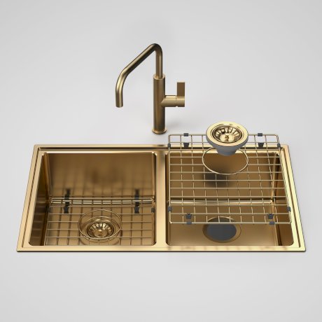 Caroma Urbane II Double Bowl Sink with Urbane II 99671BB56A Sink Mixer - Brushed Brass