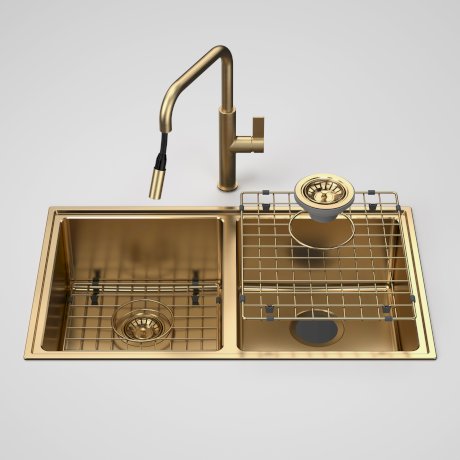 Caroma Urbane II Double Bowl Sink with Urbane II 99672BB56A Pull Out Sink Mixer - Brushed Brass