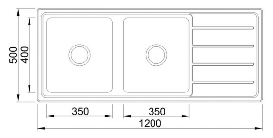 Bad Und Kuche Traditionell Two Bowl Sink 1200 x 500mm 1 Tap Hole Stainless Steel Right Hand Bowl