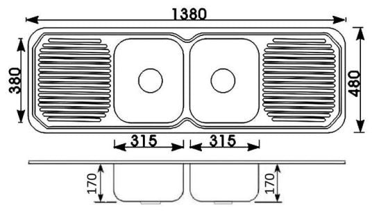 Bad Und Kuche Traditionell Double Bowl Sink 1380 x 480mm with Double Drainer Stainless Steel 1 Tap Hole
