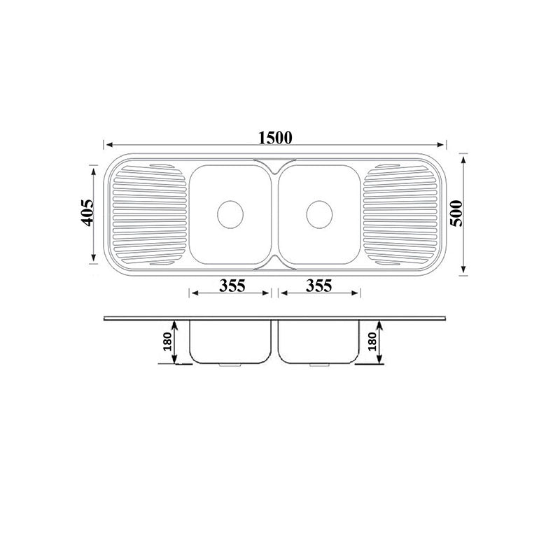 Bad Und Kuche Traditionell Double Bowl Sink 1500 x 480mm with Double Drainer 1 Tap Hole Stainless Steel