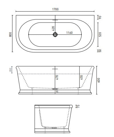 Decina Oxford 1700 Back-To-Wall Freestanding Bath with Integrated Overflow