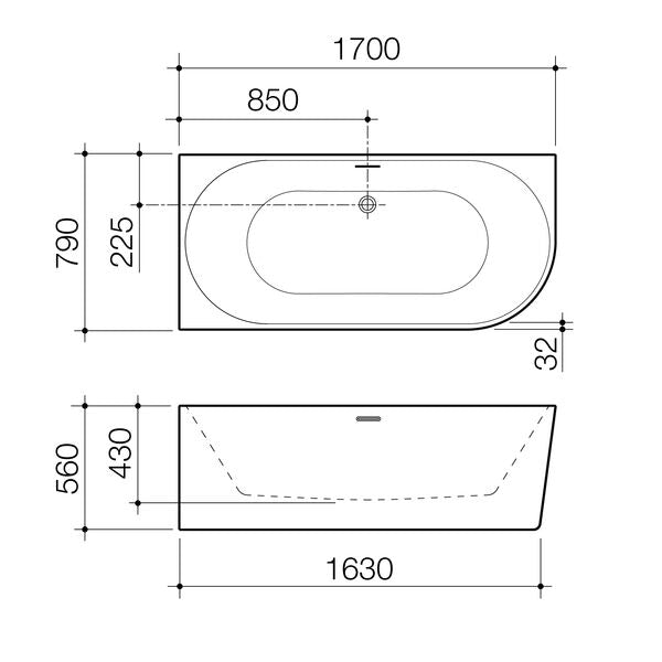Caroma Urbane II 1700 Left Hand Corner Back to Wall Bath With Integrated Overflow