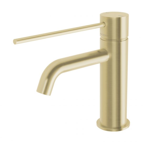 Phoenix Vivid Slimline Basin Mixer Curved Outlet with Extended Lever Brushed Gold