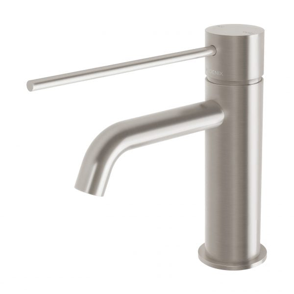 Phoenix Vivid Slimline Basin Mixer Curved Outlet with Extended Lever Brushed Nickel