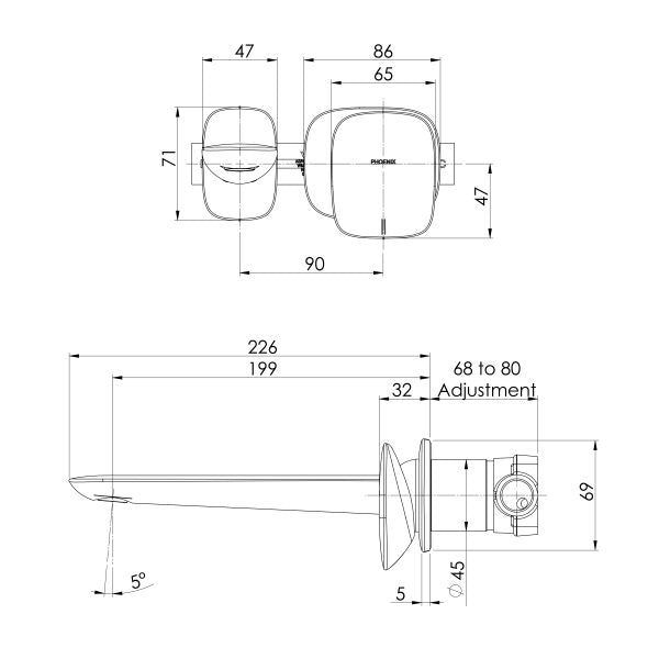 Phoenix Nuage Wall Basin/Bath Mixer Set 200mm Brushed Nickel