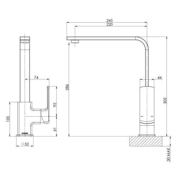 Phoenix Teva Sink Mixer 200mm Squareline Matte Black