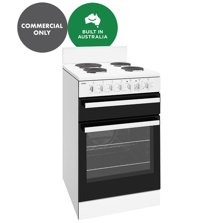 Chef CFE533WB 54cm White Electric Frestanding Cooker, Separate Griller & 4 Solid Plates ,Commercial Only, Built In Australia
