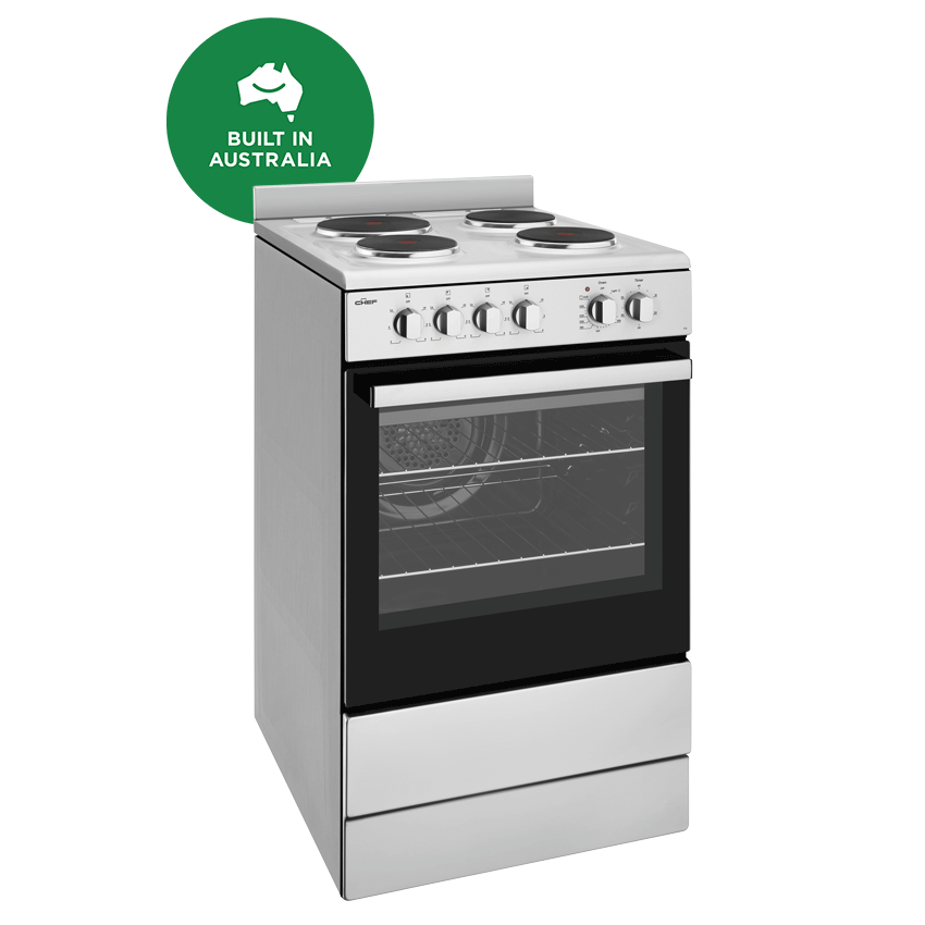 Chef CFE536SB 54 cm Freestanding Electric Cooker Stainless Steel, Fanforced Oven & Solid Elements Built In Australia