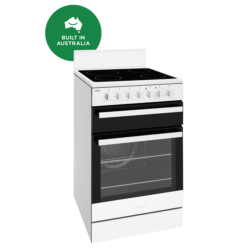 Chef CFE547WB 54 cm Freestanding Electric Cooker Fan Forced Oven & Ceramic Glass Top Built In Australia