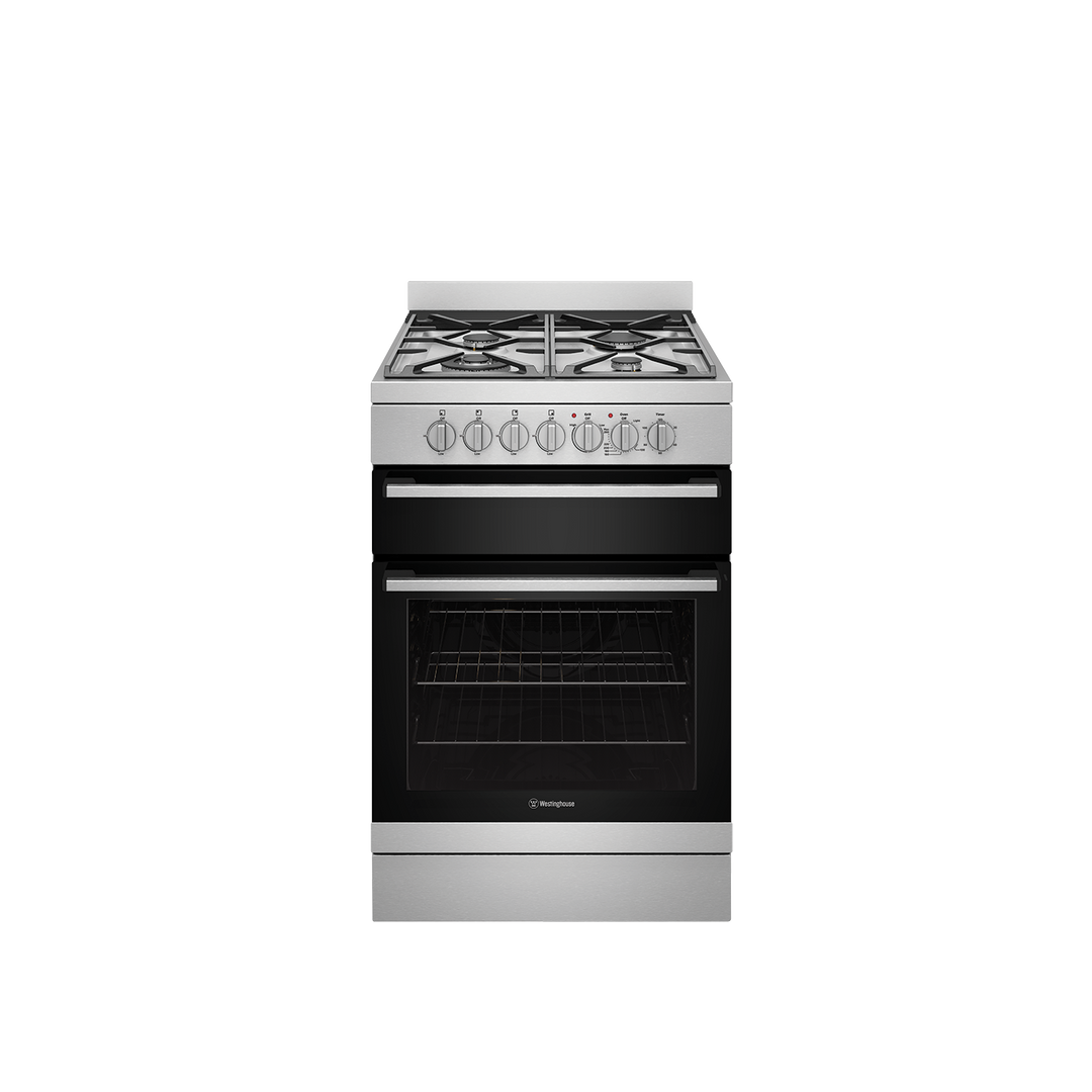 WESTINGHOUSE 60 CM FREESTANDING DUAL FUEL COOKER & ELECTRIC FAN FORCED OVEN & SEPARATE GRILLER