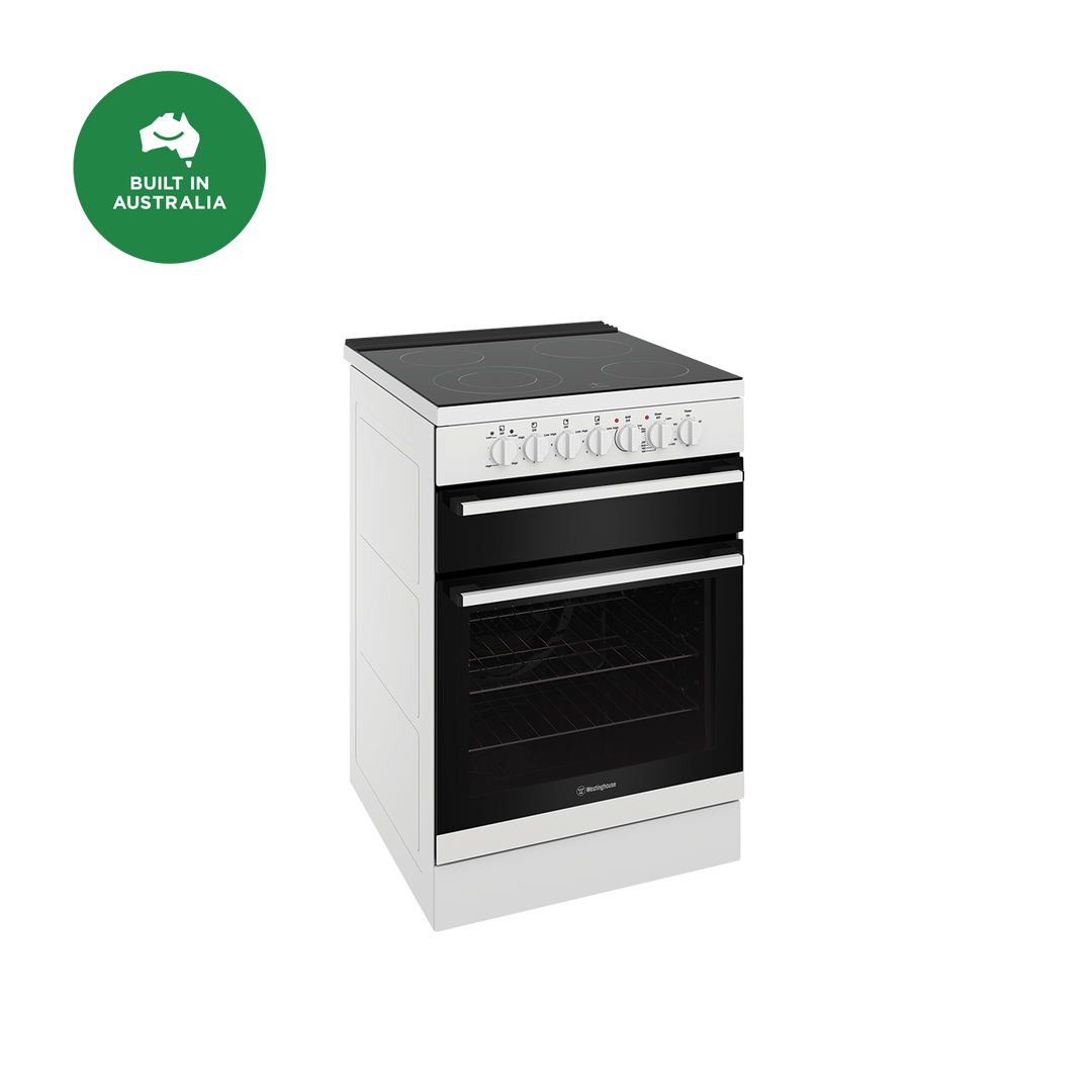 WESTINGHOUSE 60 CM FREESTANDING ELECTRIC COOKER CERAMIC GLASS TOP & SEPARATE GRILLER BUILT IN AUSTRALIA WFE642WC