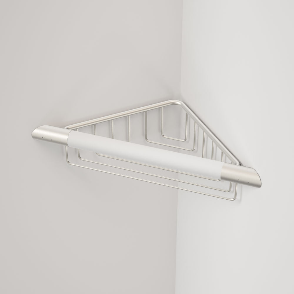 Caroma Opal Support Corner Shower Support Rail with Basket – Brushed Nickel/White