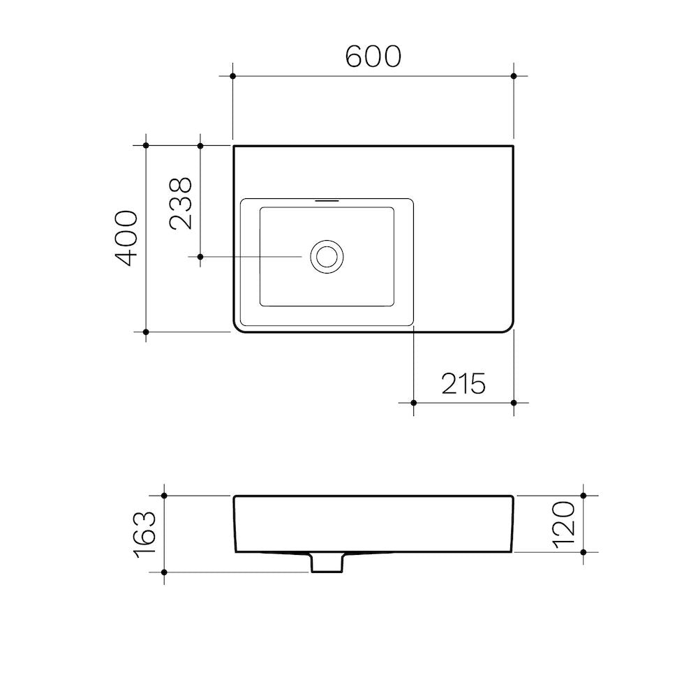 Clark Square Wall Basin Right Hand Shelf 600mm (No Tap Hole)