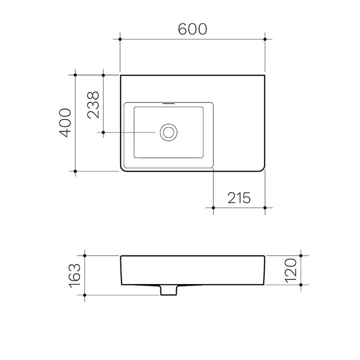 Clark Square Wall Basin Right Hand Shelf 600mm (No Tap Hole)