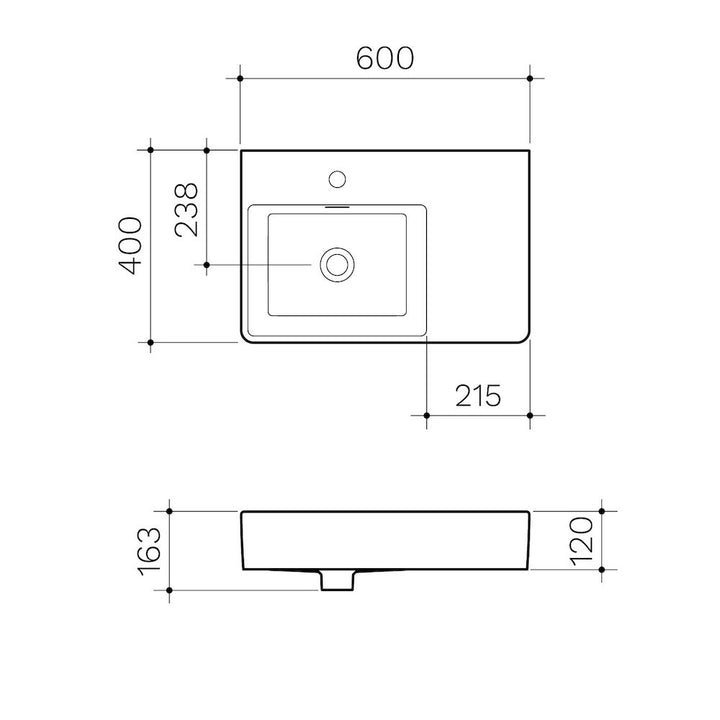 Clark Square Wall Basin Right Hand Shelf 600mm (1 Tap Hole)