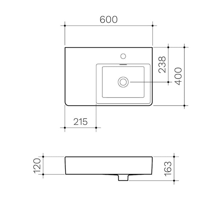 Clark Square Wall Basin Left Hand Shelf 600mm (1 Tap Hole)