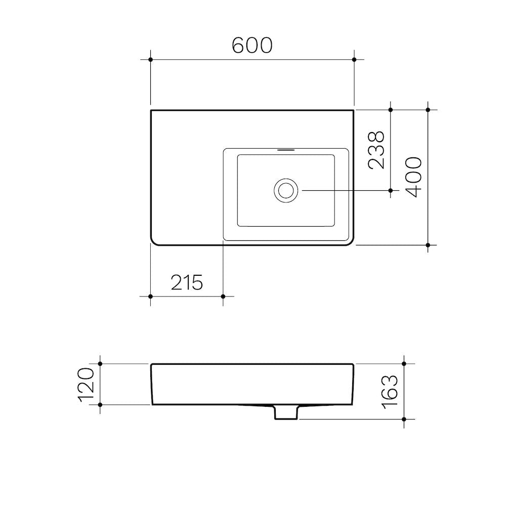 Clark Square Wall Basin Left Hand Shelf 600mm (No Tap Hole)