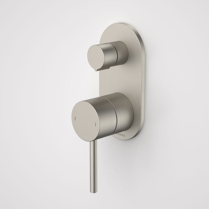 Caroma Liano II Bath / Shower Mixer With Diverter - Rounded Cover Plate - Brushed Nickel - Sales Kit