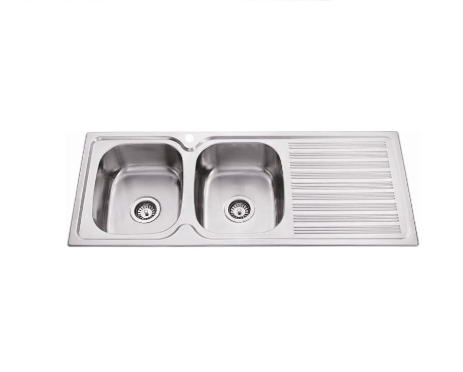 Bad Und Kuche Squareline Double Bowl Sink 1180 x 480 1 Tap Hole Stainless Steel Left Hand Bowl
