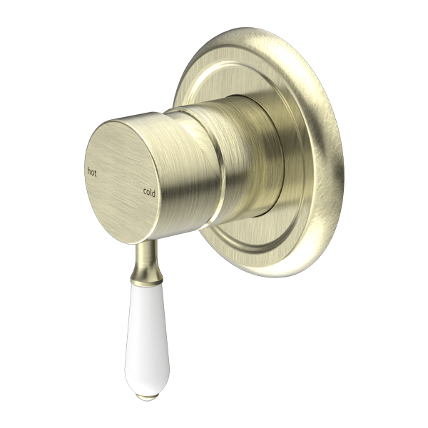 Nero York Shower Mixer With White Porcelain Lever Aged Brass Aged Brass