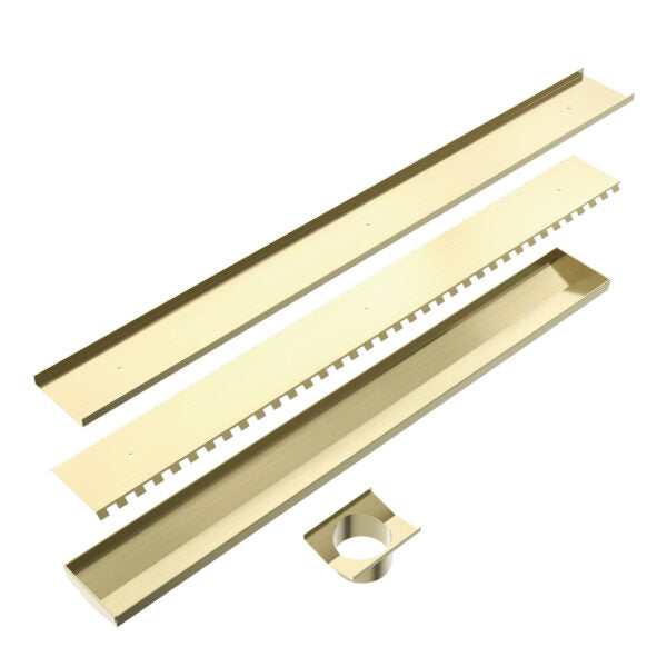 Nero 900mm Long Tile Insert V Channel Floor Grate 89mm Outlet With Hole Saw Brushed Gold