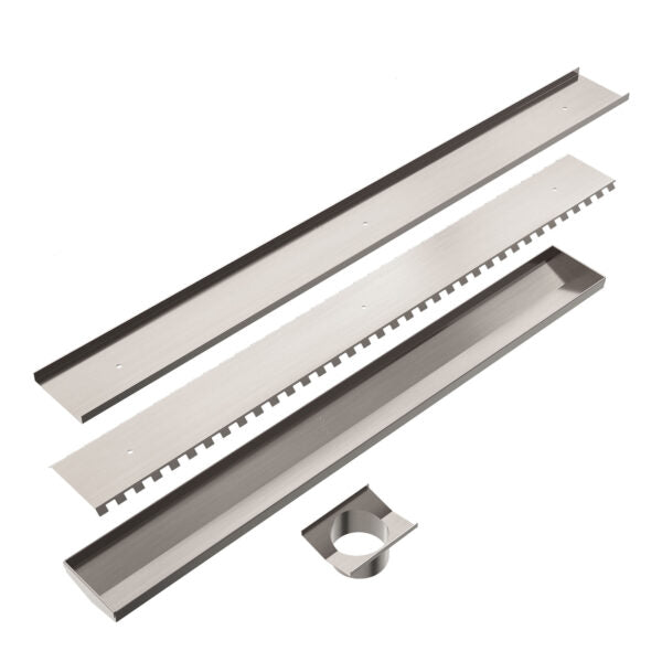 Nero 900mm Long Tile Insert V Channel Floor Grate 89mm Outlet With Hole Saw Brushed Nickel