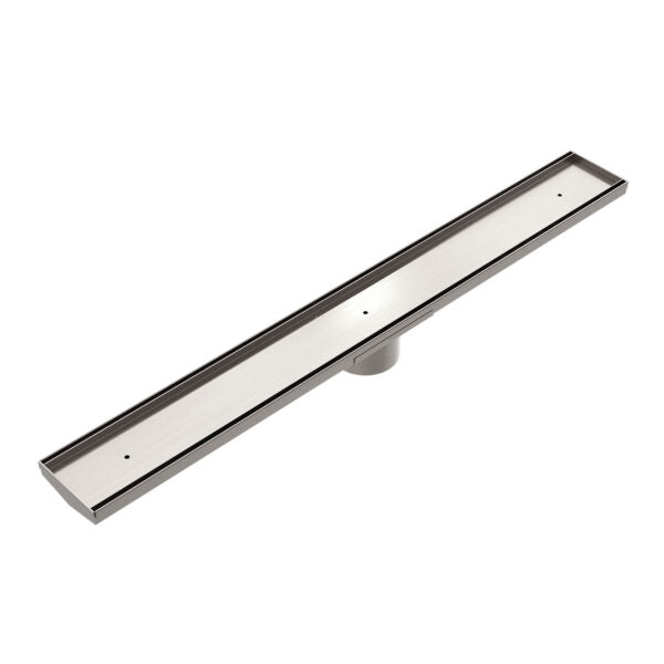 Nero 900mm Long Tile Insert V Channel Floor Grate 89mm Outlet With Hole Saw Brushed Nickel