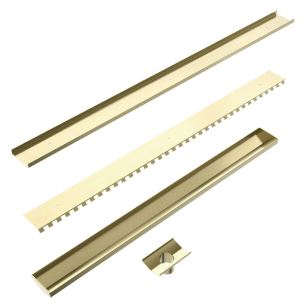 Nero 900mm Long Tile Insert V Channel Floor Grate 50mm Outlet With Hole Saw Brushed Gold