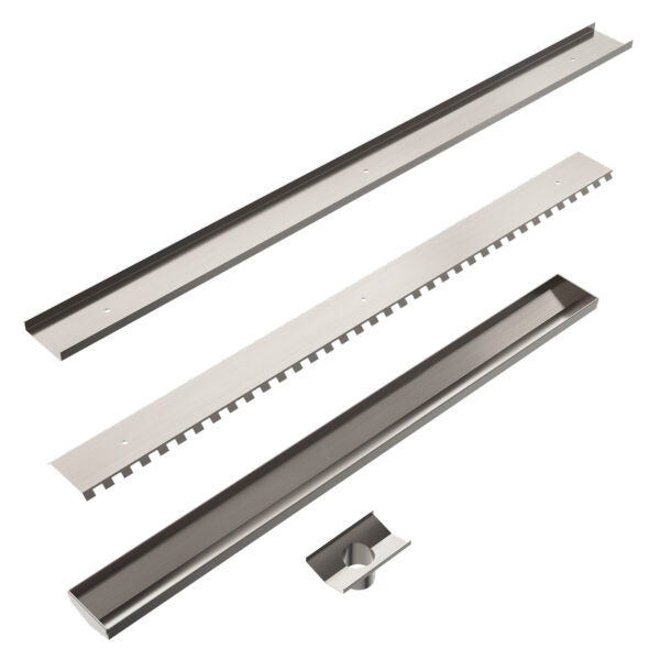 Nero 900mm Long Tile Insert V Channel Floor Grate 50mm Outlet With Hole Saw Brushed Nickel