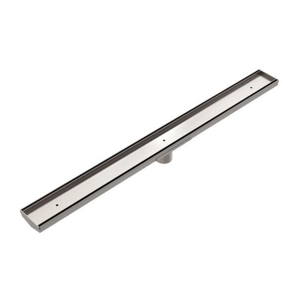 Nero 900mm Long Tile Insert V Channel Floor Grate 50mm Outlet With Hole Saw Brushed Nickel