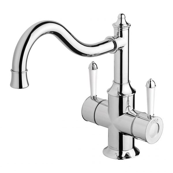 Phoenix Nostalgia Twin Handle Sink Mixer 220mm Shepherds Crook Chrome / Natural White