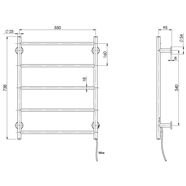 Phoenix Radii Heated Towel Ladder 550 x740mm Round Plate Brushed Nickel