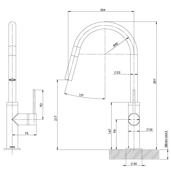 Phoenix Vivid Slimline Pull Out Sink Mixer Brushed Carbon