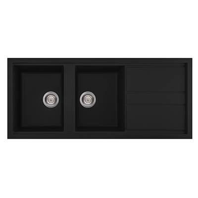 Artusi Double Bowl Sink With Drainer 1160mm X 510mm Black Granitek