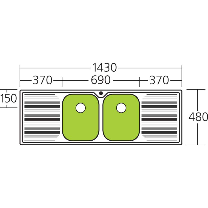 Oliveri Diaz DZ153 1 Tap Hole Sink 1430mm Double Centre Bowls