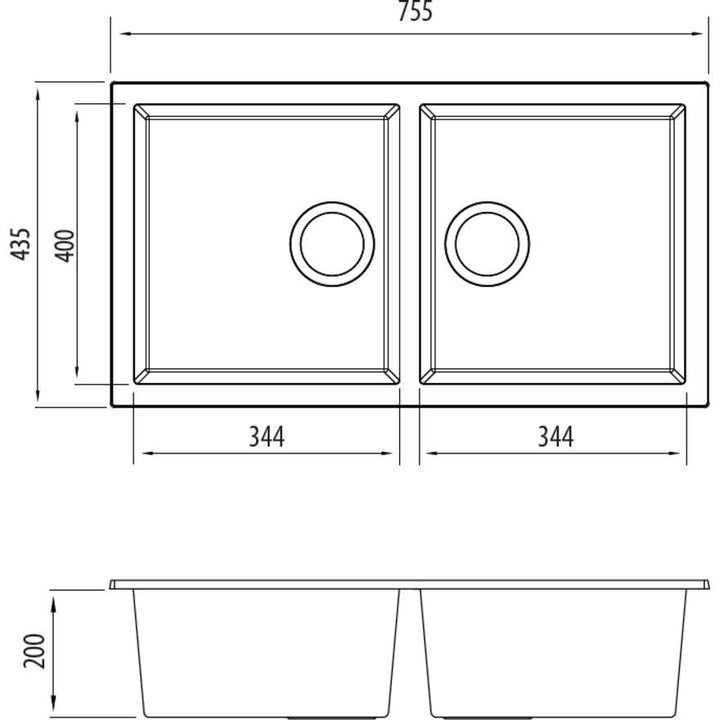 Oliveri FE-BL1573U Florence Black Double Bowl Undermount Sink No Tap Hole